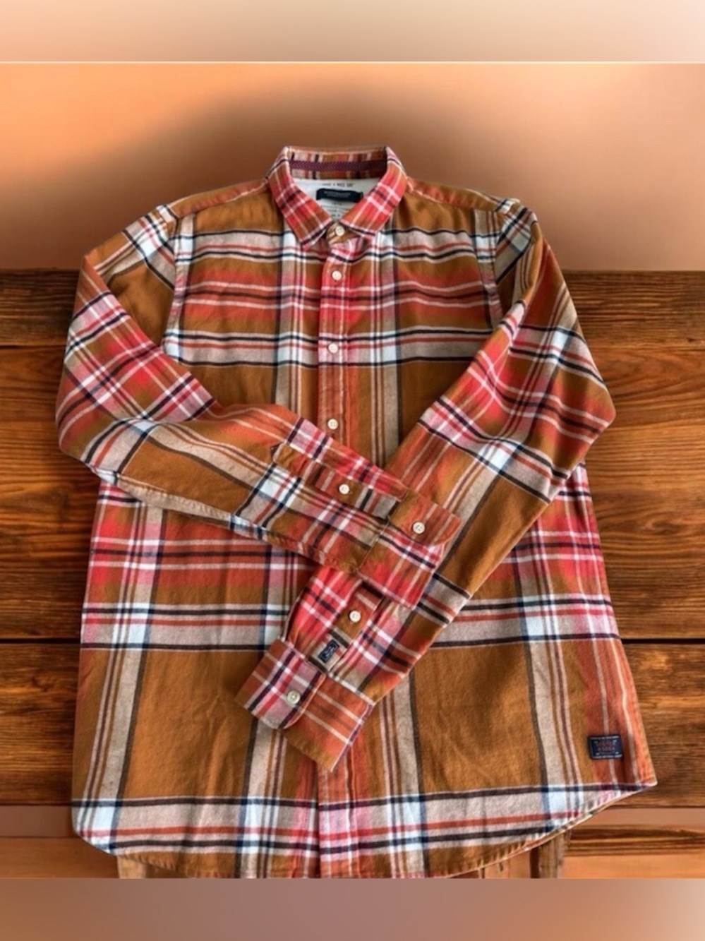 Scotch & Soda Flannel Shirt Men’s Medium Autumn Orange Plaid Button Down